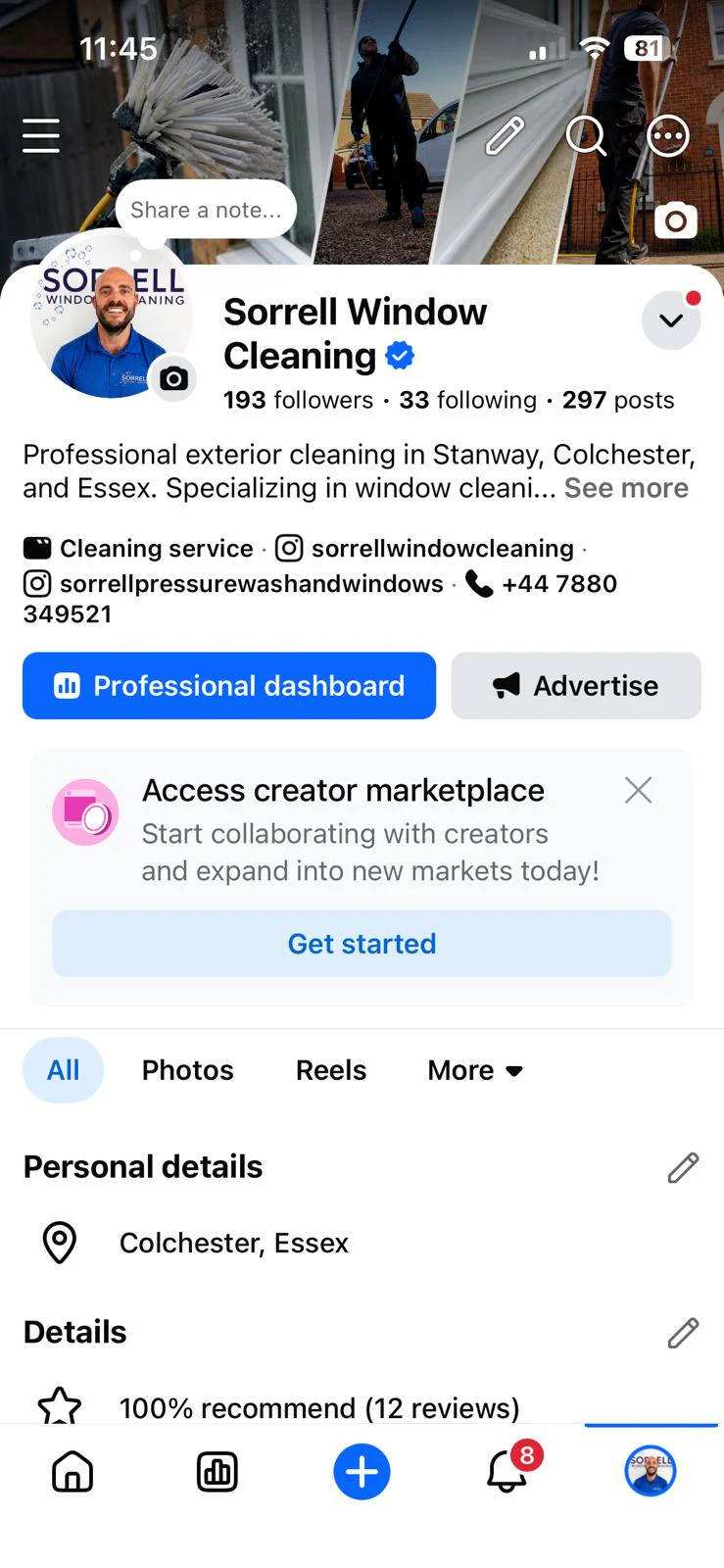 Sorrell Window Cleaning Facebook profile screenshot